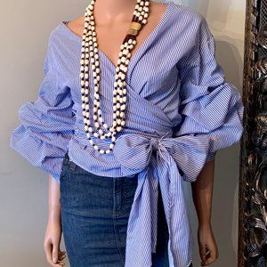 OOR Chin Blue/White Pinstripe Puffy Sleeve Wrap Top
